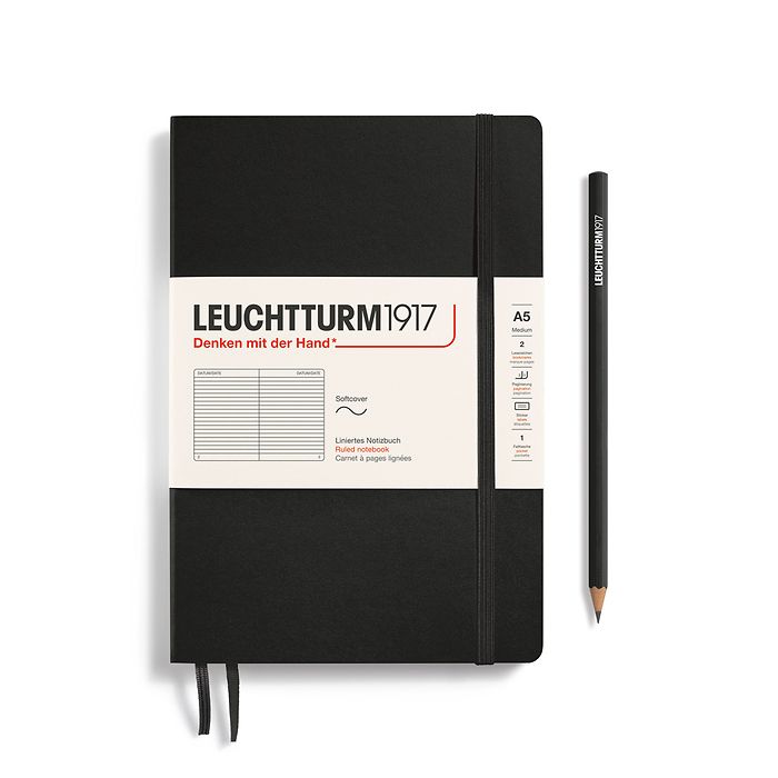 Notebook Medium (A5), Softcover, 123 numbered pages, Black,  ruled