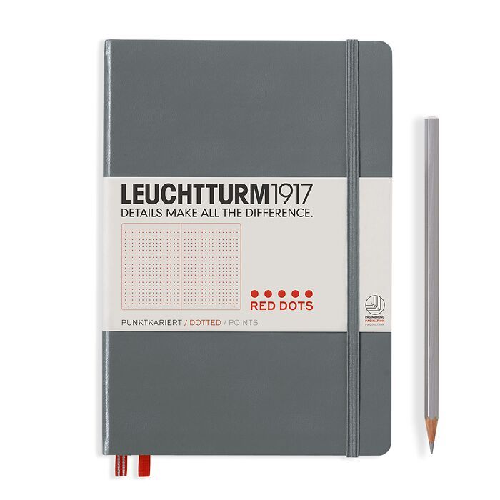 Notebook Medium (A5) Hardcover, 251 numbered pages, dotted, grey, Red Dots