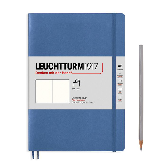 Notebook Medium (A5), Softcover, 123 numbered pages, Denim,  plain