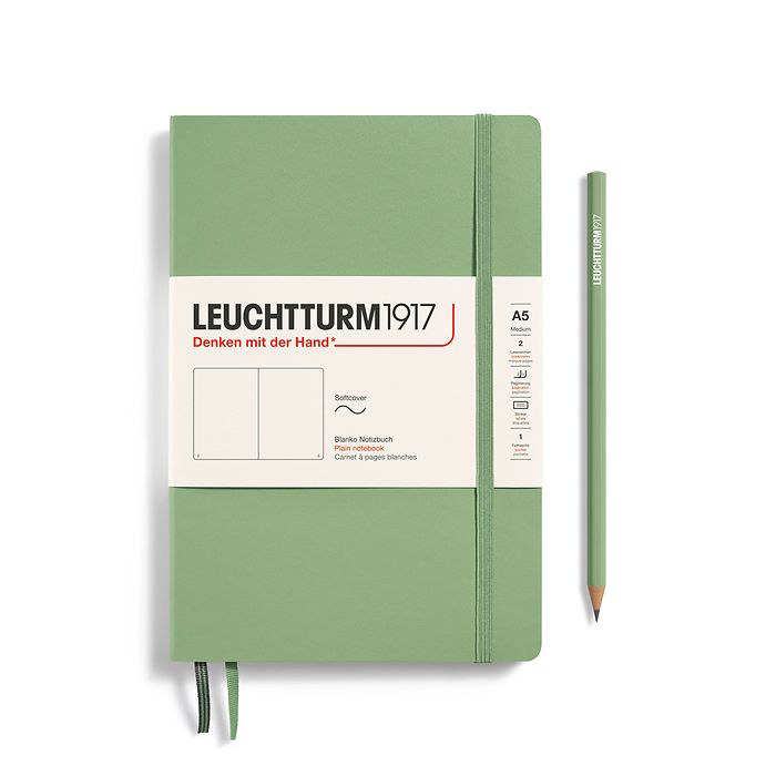 Notebook Medium (A5), Softcover, 123 numbered pages, Sage, plain