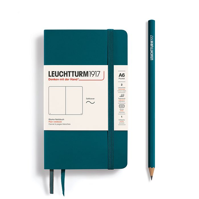 Notebook Pocket (A6), Softcover, 123 numbered pages, Pacific Green, plain