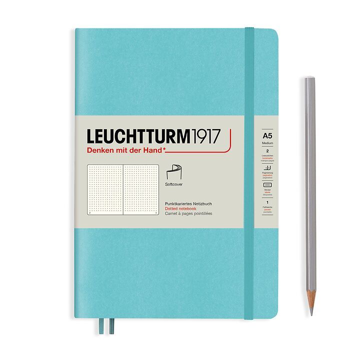 Notebook Medium (A5), Softcover, 123 numbered pages, Aquamarine, dotted