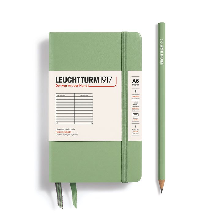 Notebook Pocket (A6), Hardcover, 187 numbered pages, Sage, ruled