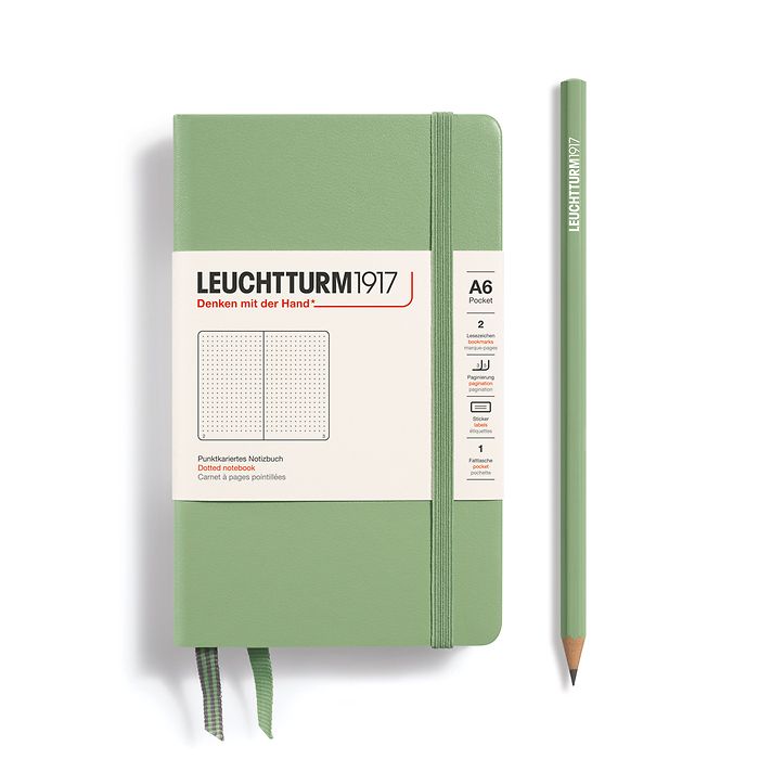 Notebook Pocket (A6), Hardcover, 187 numbered pages, Sage, dotted