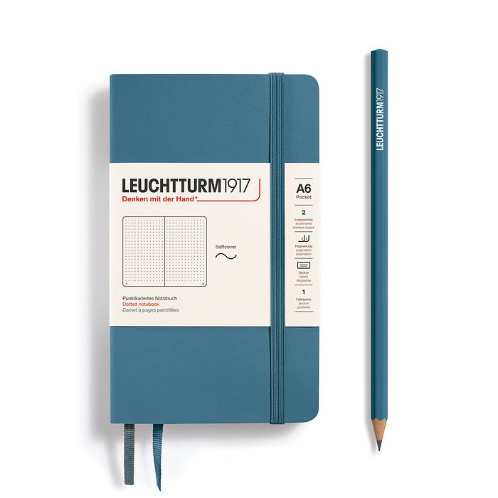 Notebook Pocket (A6), Softcover, 123 numbered pages, Stone Blue, dotted
