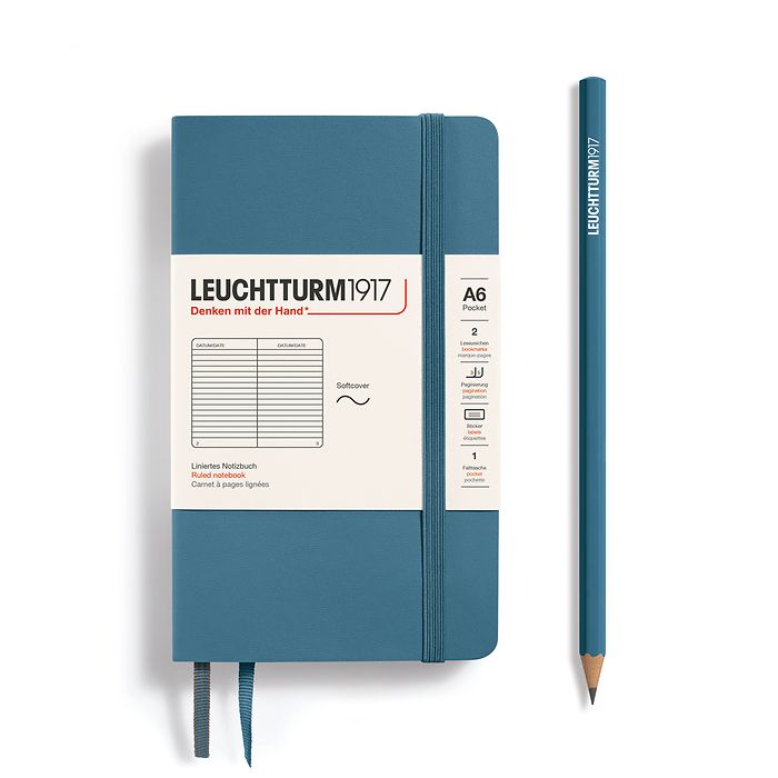 Notebook Pocket (A6), Softcover, 123 numbered pages, Stone Blue, ruled