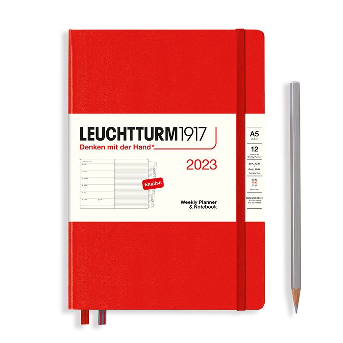 Weekly Planner & Notebook Medium (A5) 2023, with booklet, Red, English