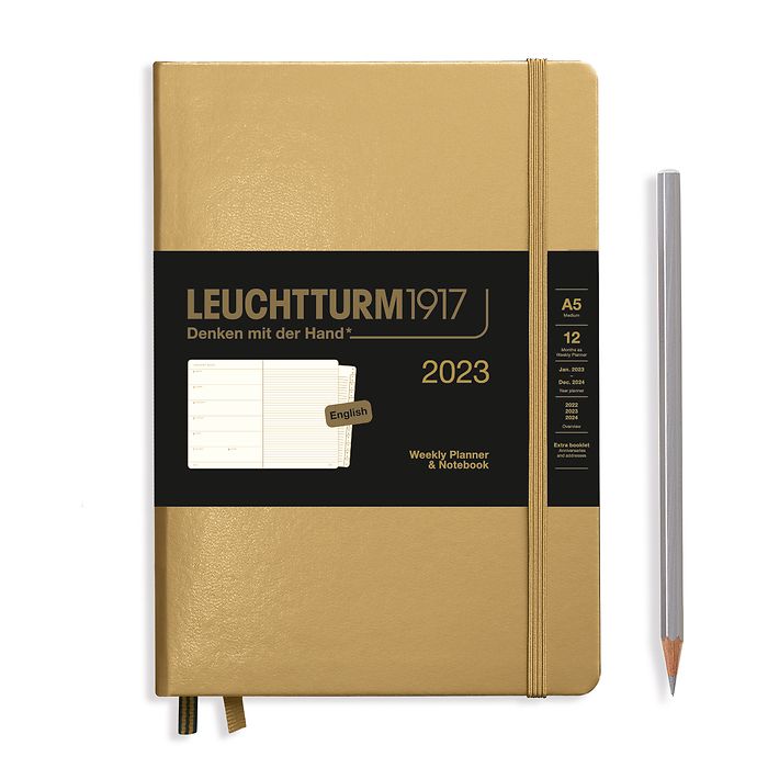 Weekly Planner & Notebook Medium (A5) 2023, with booklet, Gold, English