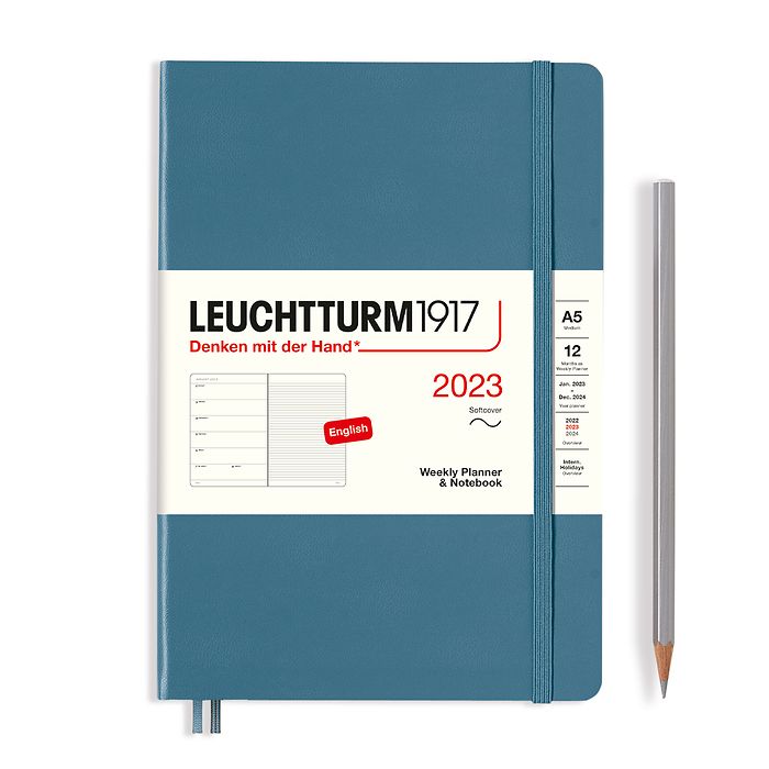 Weekly Planner & Notebook Medium (A5) 2023, Softcover, Stone Blue, English