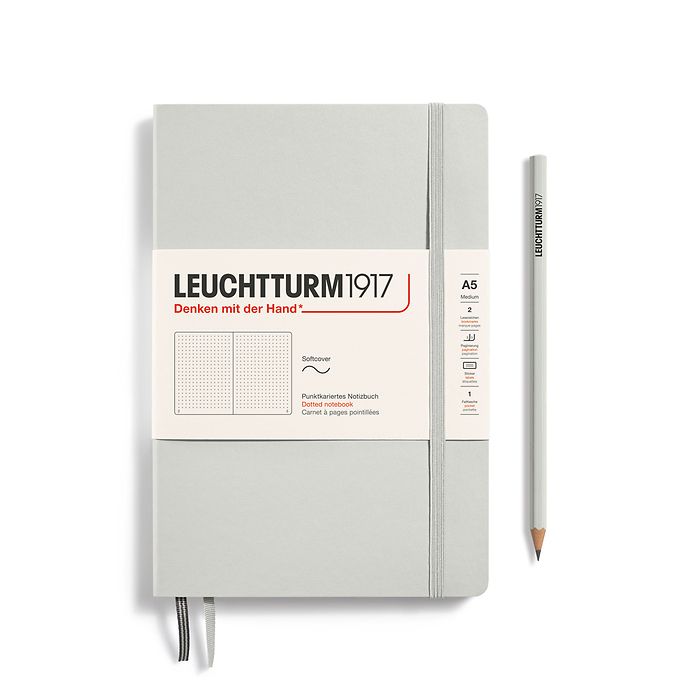 Notebook Medium (A5), Softcover, 123 numbered pages, Light Grey, dotted