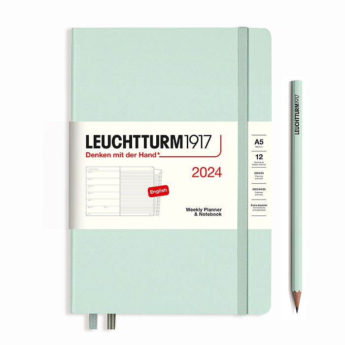 Weekly Planner & Notebook Medium (A5) 2024, with booklet, Mint Green, English