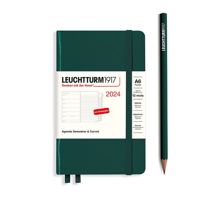 Weekly Planner & Notebook Pocket (A6) 2024, with booklet, Forest Green, French