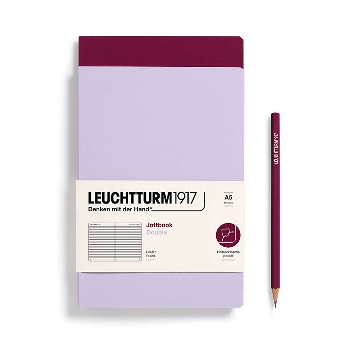 Jottbook (A5), 59 numbered pages, ruled, Lilac and Port Red,Pack of 2