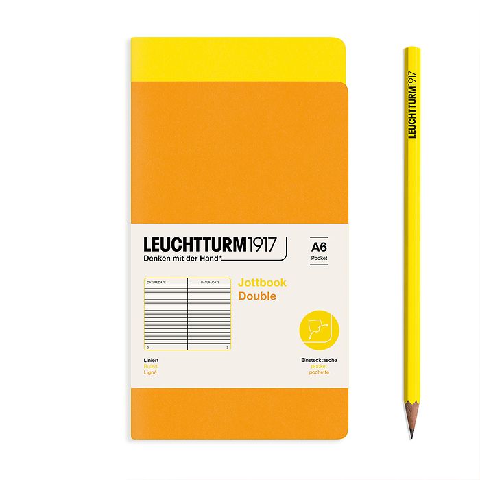 Jottbook (A6), 59 numbered pages, ruled, Lemon and Rising Sun, Pack of 2