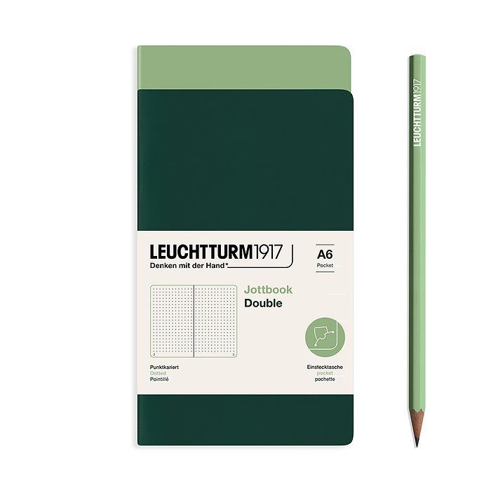 Jottbook (A6), 59 numbered pages, dotted, Sage and Forest Green, Pack of 2