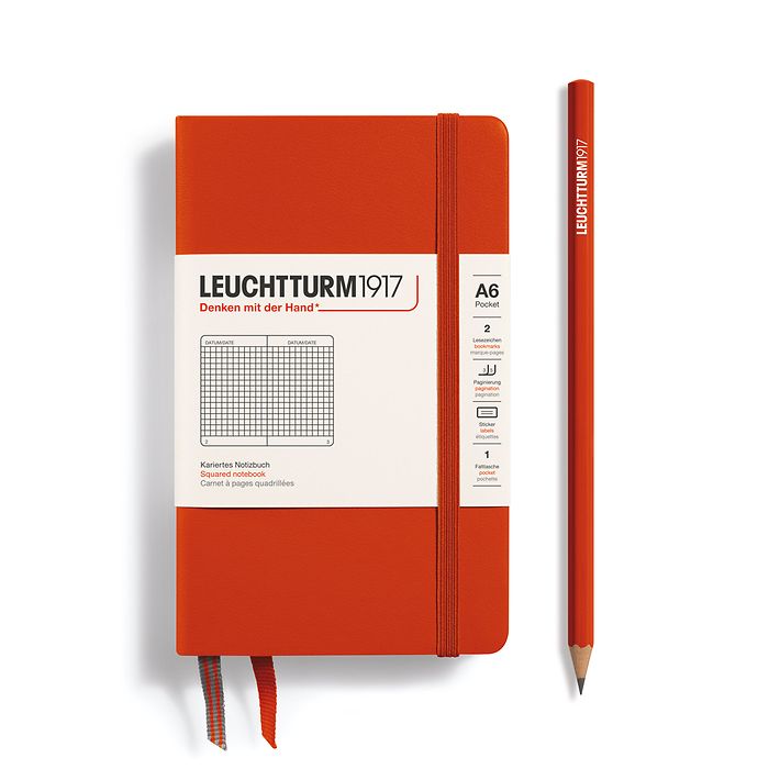 Notebook Pocket (A6), Hardcover, 187 numbered pages, Fox Red, squared