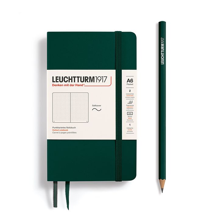 Notebook Pocket (A6), Softcover, 123 numbered pages, Forest Green, dotted