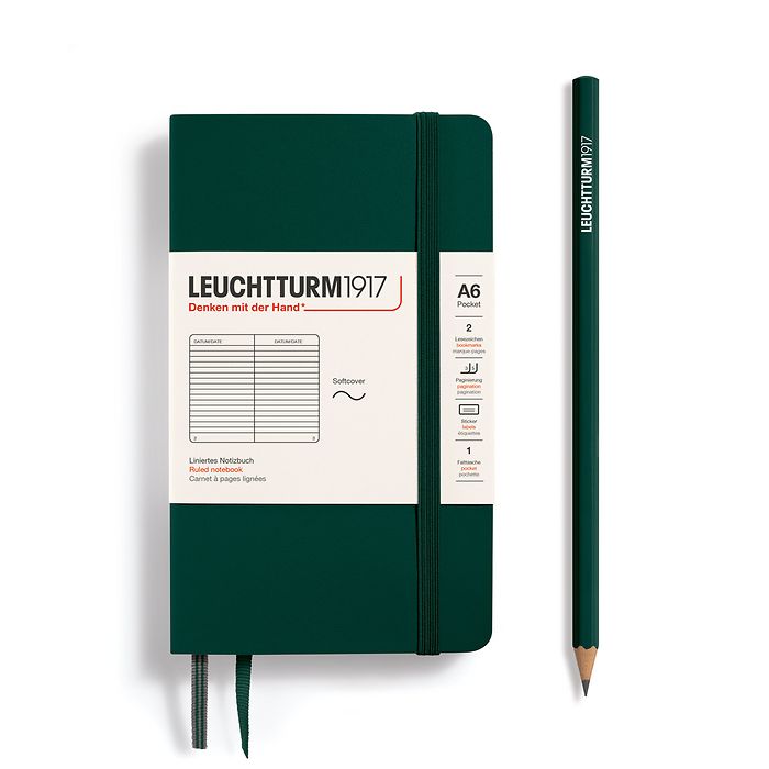 Notebook Pocket (A6), Softcover, 123 numbered pages, Forest Green, ruled